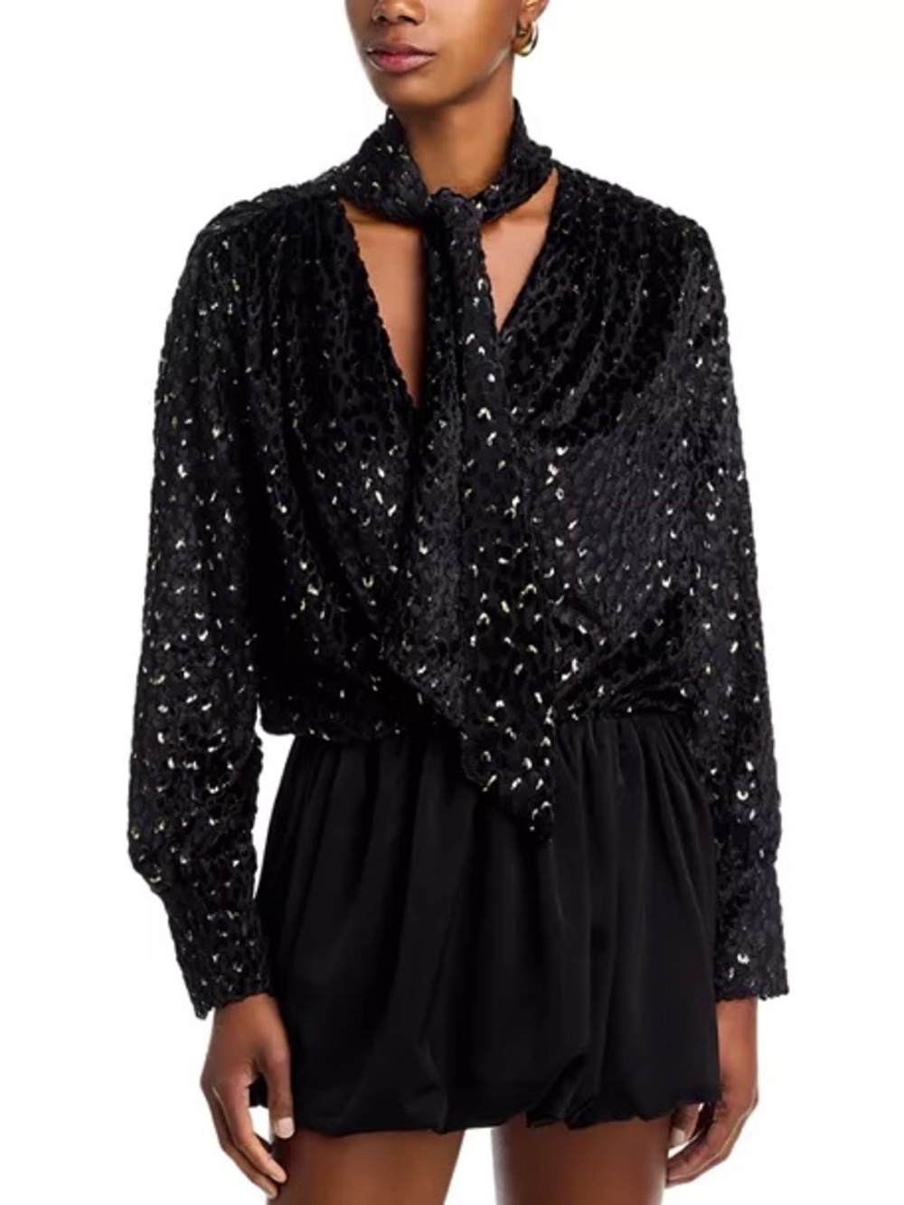 Simkhai Black Velvet & Gold Metallic Bow Neck Surplice Long Sleeve Blouse